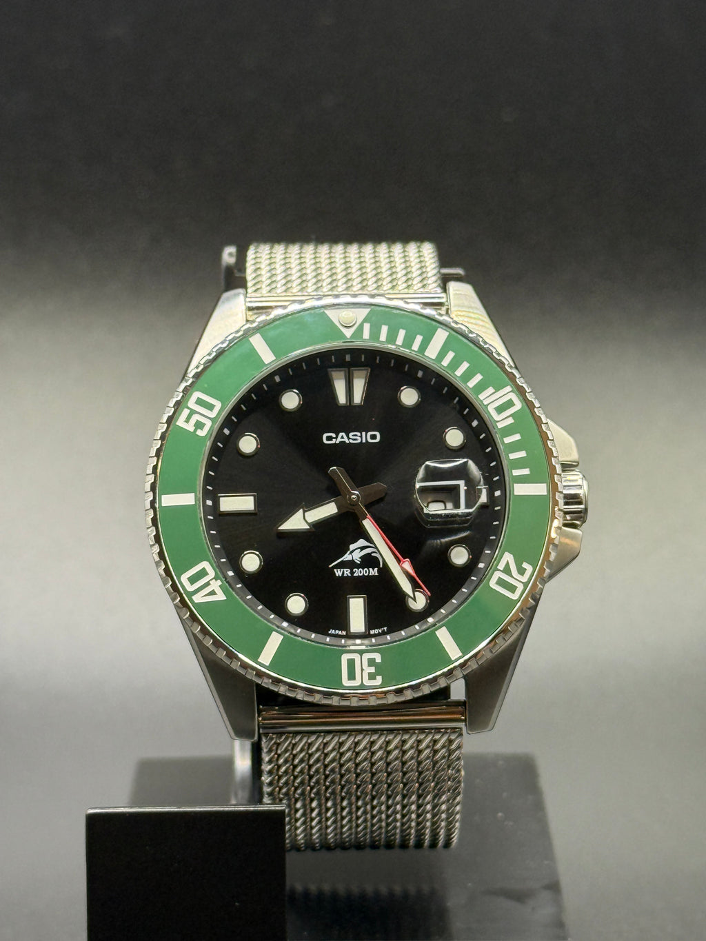 Casio Duro MDV106 Green Ceramic Bezel Cyclops Milanese Bracelet