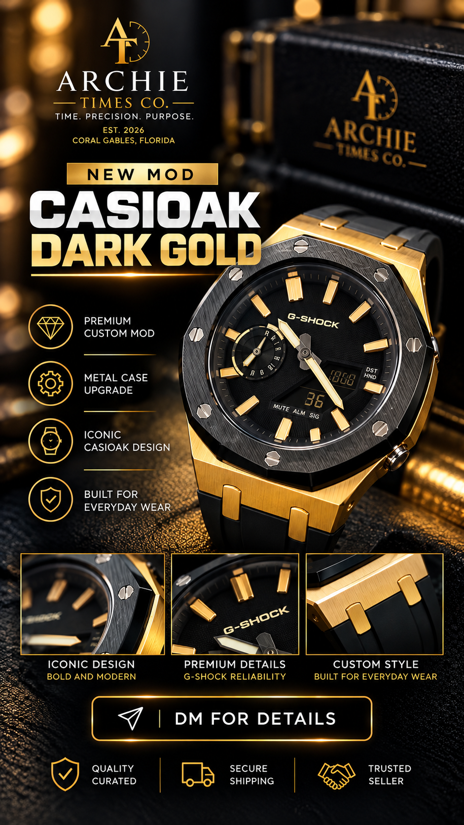 Casio G-SHOCK GA-2100 CasiOak Dark Gold Custom Mod Black & Gold Box