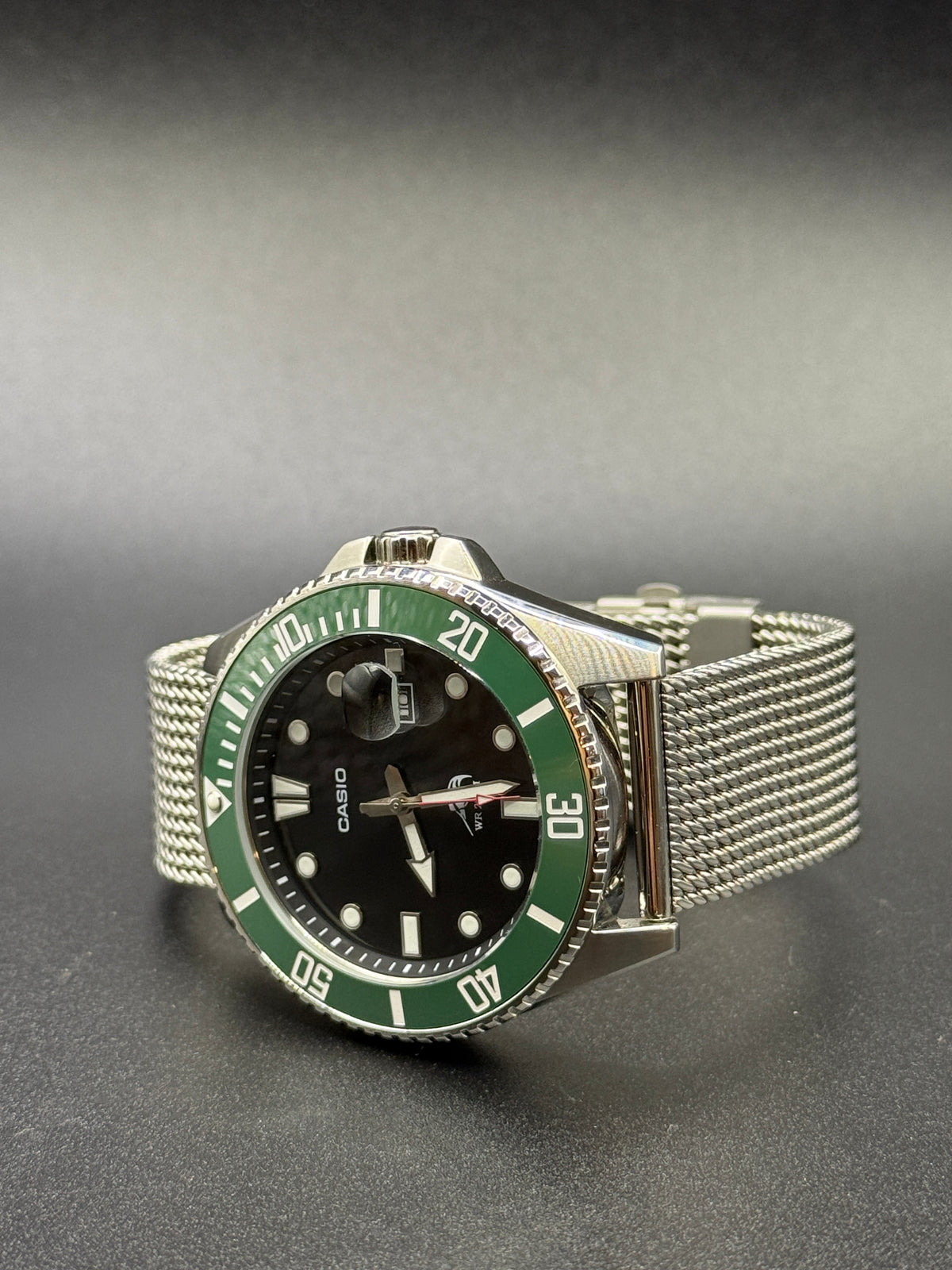 Casio Duro MDV106 Green Ceramic Bezel Cyclops Milanese Bracelet