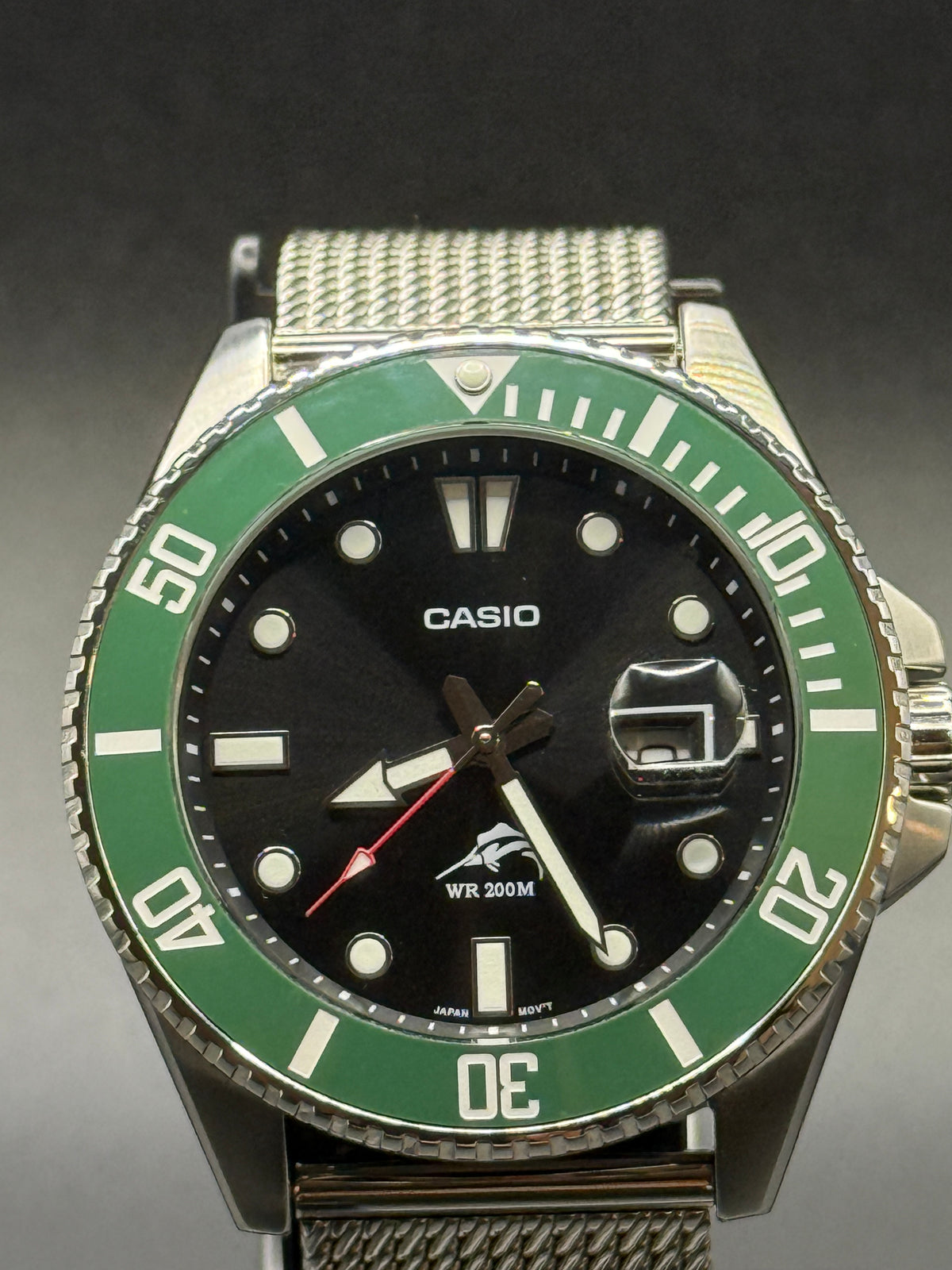 Casio Duro MDV106 Green Ceramic Bezel Cyclops Milanese Bracelet