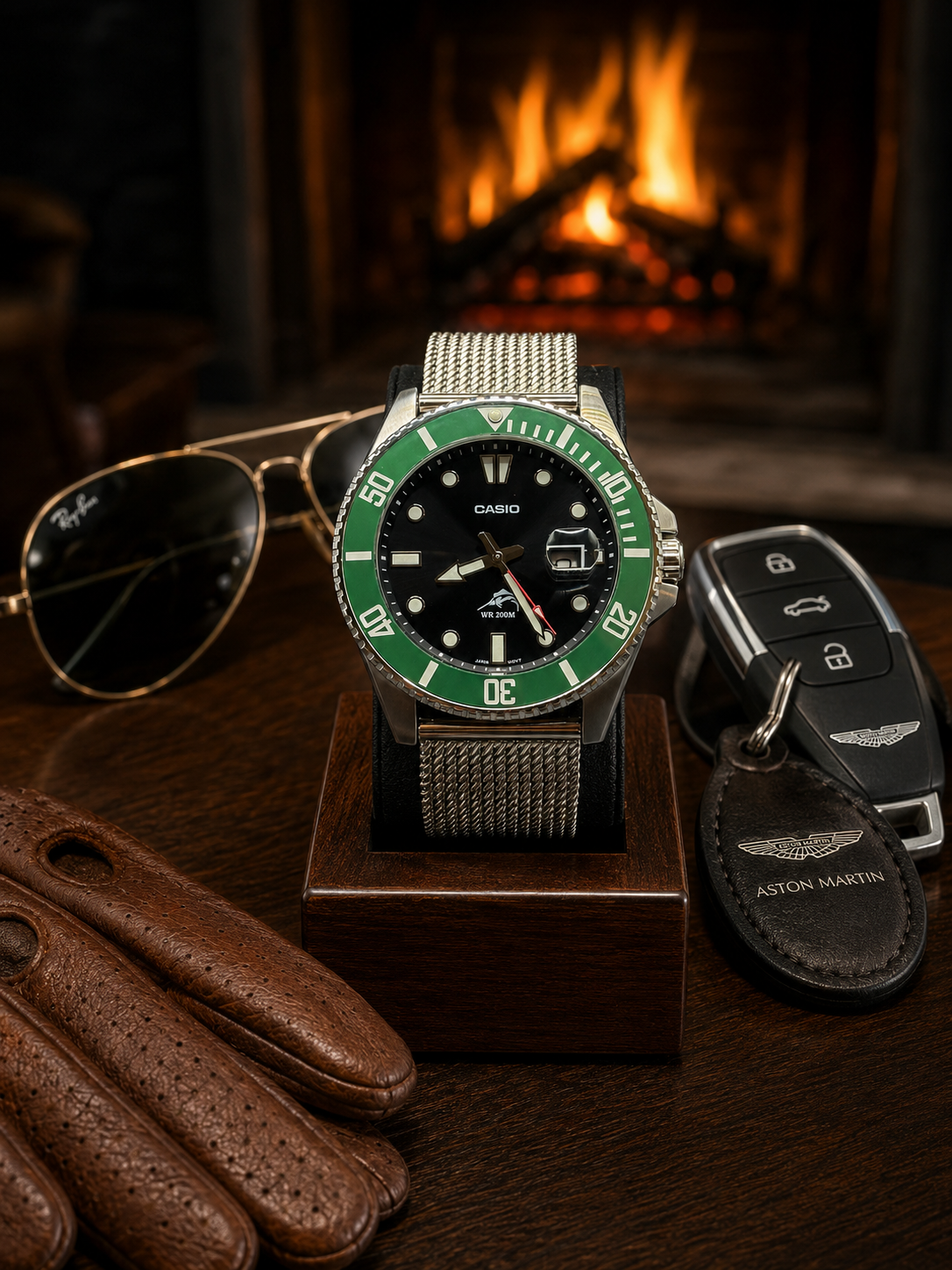 Casio Duro MDV106 Green Ceramic Bezel Cyclops Milanese Bracelet