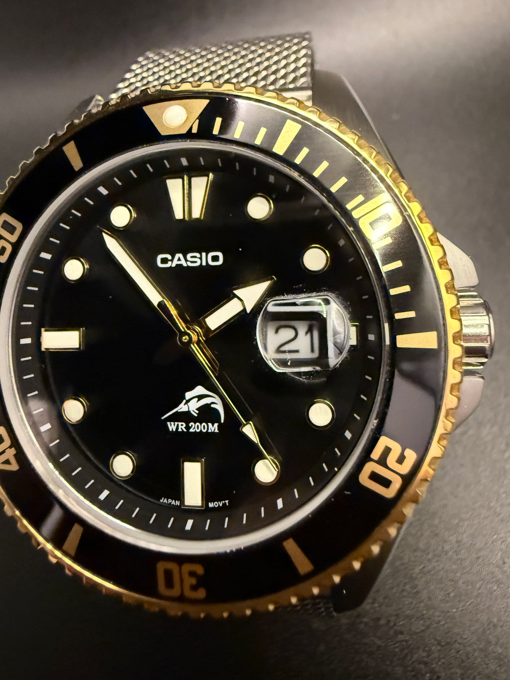 Casio Duro MDV106 Marlin Sapphire Crystal Milanese Bracelet Black Gold Mod